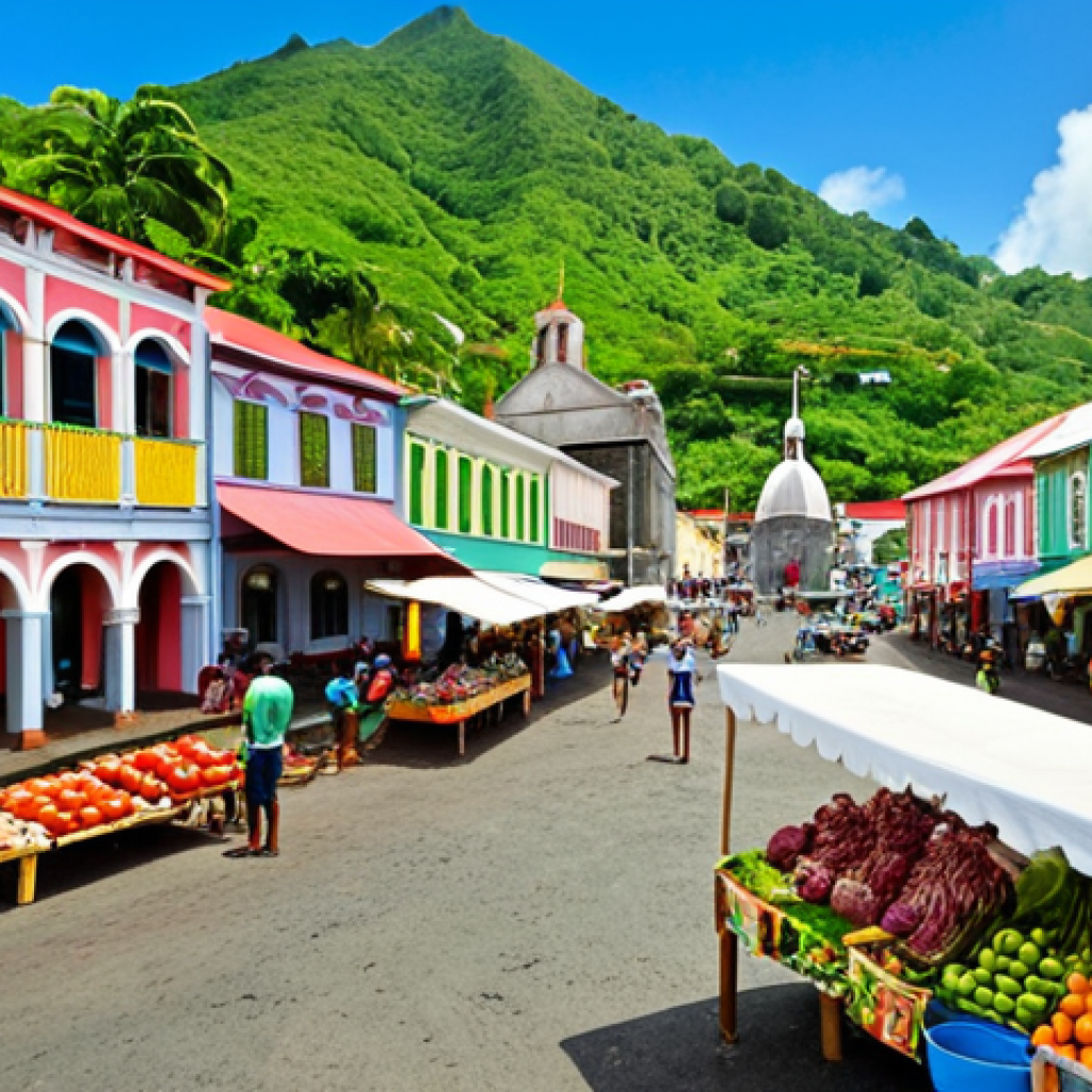 **Image:** A panoramic view of Roseau, Dominica, showcasing colorful French-influenced architecture blended with lush greenery. Include a bustling marketplace scene in the foreground with vendors selling local produce and crafts.
