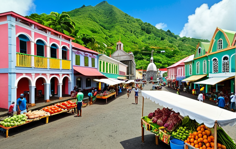 **Image:** A panoramic view of Roseau, Dominica, showcasing colorful French-influenced architecture blended with lush greenery. Include a bustling marketplace scene in the foreground with vendors selling local produce and crafts.